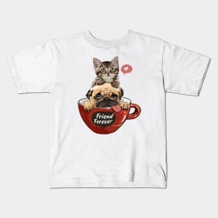 pug dog and little kitten in red coffee cup Kids T-Shirt